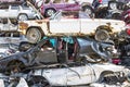 Indianapolis - Circa September 2017: Stacked junk yard clunker cars prepared for crushing to be recycled XII Royalty Free Stock Photo