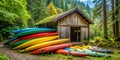 stacked kajaks in front of rustic rosty shed Green rainforest backround AI-Created Content Royalty Free Stock Photo