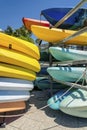Stacked of kayak boat rentals at the bay in Miami, Florida