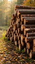 Stack of cut logs in autumn forest with golden light Royalty Free Stock Photo