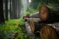 Stacked logs with detailed tree rings in forest