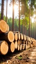 Stacked logs in a forest with sunlight shining through the trees, timber industry Royalty Free Stock Photo