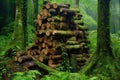 stacked logs from rainforest deforestation