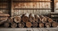 Stacked Logs Ready for Use in a Rustic Workshop or Timber Yard Surrounded by Natural Light and Warm Wood Tones for an Royalty Free Stock Photo