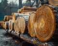 Stacked Logs at a Sawmill A Close-Up View of Timber Stock Ready for Processing, Showing the Raw Material of Construction and Royalty Free Stock Photo