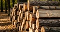 Stacked logs in a serene forest setting with sunlight filtering through the trees Royalty Free Stock Photo