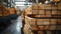Stacked lumber in a wood processing factory