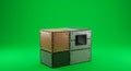 Stacked metal boxes on a reflective surface against a vibrant green background. The Royalty Free Stock Photo