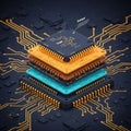 Stacked microchips in various colorsâblack, orange, blueâand labeled with fictitious Royalty Free Stock Photo