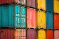 Stacked multicolored containers with goods on freight ship