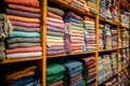 Stacked multicolored fabric plaid bed linen towels wardrobe shelves