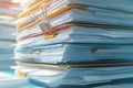 Stacked office documents secured by paper clip, extreme close up Royalty Free Stock Photo