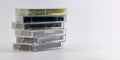 Stacked old audio tapes, isolated. Copy space for text. Vintage audio recording medium from 1970s, 1980s and 1990s. Royalty Free Stock Photo