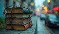 Stacked old books wrapped with rusty barbed wire on stone ledge. Urban street background with car lights. Symbol of knowledge Royalty Free Stock Photo