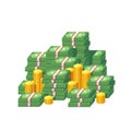 Stacked packs of dollar bills and gold coins Royalty Free Stock Photo