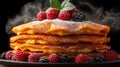 ,Stacked Pancakes, Berries, Steam, Delicious Royalty Free Stock Photo