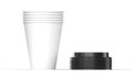 Stacked Paper Cups with Plastic Stacked Plastic Lids. Front View.