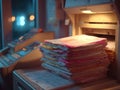 Stacked Papers and Document Printer Illuminated in Dim Office Light Royalty Free Stock Photo