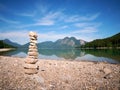 Stacked pebbles on the lake shore. Balanced stones stack Royalty Free Stock Photo