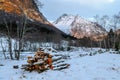 A Stacked Pile of Logs in a Snowy Landscape