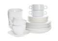 Stacked plates and cups on white background