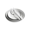 Stacked Plates With Fork And Knife. Elegant Dining And Tableware Arrangement. Isolated On Transparent Background Royalty Free Stock Photo