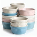 Stacked ramekins in pastel colors, culinary presentation ready, kitchenware arrangement on white background Royalty Free Stock Photo