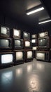 Stacked retro televisions with blank screens in a dark room. Royalty Free Stock Photo
