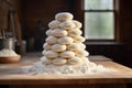 stacked rounds of raw cake dough on a wooden table