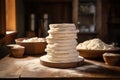 stacked rounds of raw cake dough on a wooden table