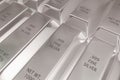 Stacked Rows Of Shiny Silver Ingots Or Bars Background - Essential Electronics Production Metal Or Money Investment Concept