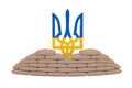 Stacked Sandbag Barricade Shield in Front of Coat of Arms with Flag of Ukraine, Yellow and Blue Ukrainian National Emblem. 3d