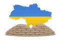 Stacked Sandbag Barricade Shield in Front of Ukraine Map with Flag. 3d Rendering
