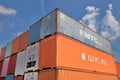 Stacked shipping containers soars into blue sky