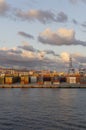 Stacked Shipping Containers on the Wharf waiting to be loaded onto Ships at Las Palmas Port Royalty Free Stock Photo