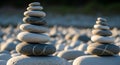 Stacked smooth stones create two balanced cairns on a pebble beach. Each pile consists of flat, Royalty Free Stock Photo