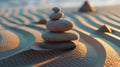 Zen stones balance in sunset light on sandy beach. tranquility and harmony concept artistic photo. beautiful natural Royalty Free Stock Photo