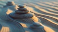 Serenity on sandy beach: zen stones in harmony at sunset. tranquil scene for mindfulness and meditation. perfect for spa Royalty Free Stock Photo