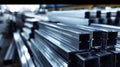 Stacked steel profiles in an industrial warehouse setting Royalty Free Stock Photo