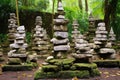 stacked stone cairns in a temple garden