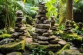 stacked stone cairns in a temple garden