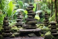 stacked stone cairns in a temple garden