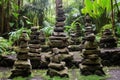 stacked stone cairns in a temple garden