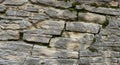Stacked stone wall made of irregular gray limestone blocks, typical for rustic or Royalty Free Stock Photo