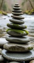 Stacked stones arranged in a balanced cairn by the edge of a river. Smooth, flat stones Royalty Free Stock Photo