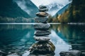 stacked stones in front of a lake with mountains in the background