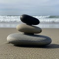 Stacked stones on a sandy beach with ocean waves in the background Royalty Free Stock Photo