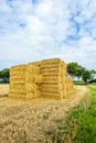 Stacked straw bales in front of a large stubble field Royalty Free Stock Photo
