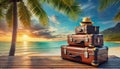 Stacked suitcases with a straw hat on a serene beach as the sun sets behind palm trees