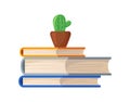 Stacked textbooks. Cartoon pile encyclopedias bookss with cactus decor, vector